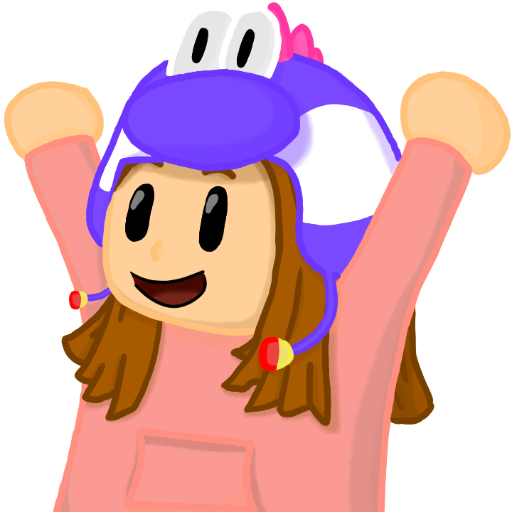 A cartoon figure wearing a Yoshi hat with her arms raised.